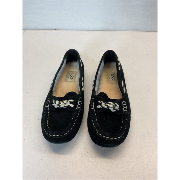 UGG Genoa Moccasin Shoes Women's 6 Black Suede Shearling Driving Loafer Slippers - Picture 3 of 10